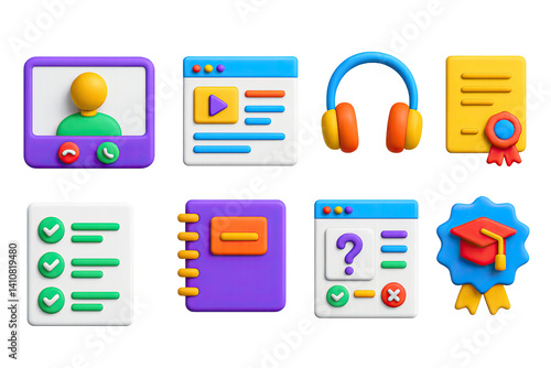 3D icon set of online learning: video call, course module, headphones, certificate, checklist, digital notebook, online quiz, e-learning badge.
