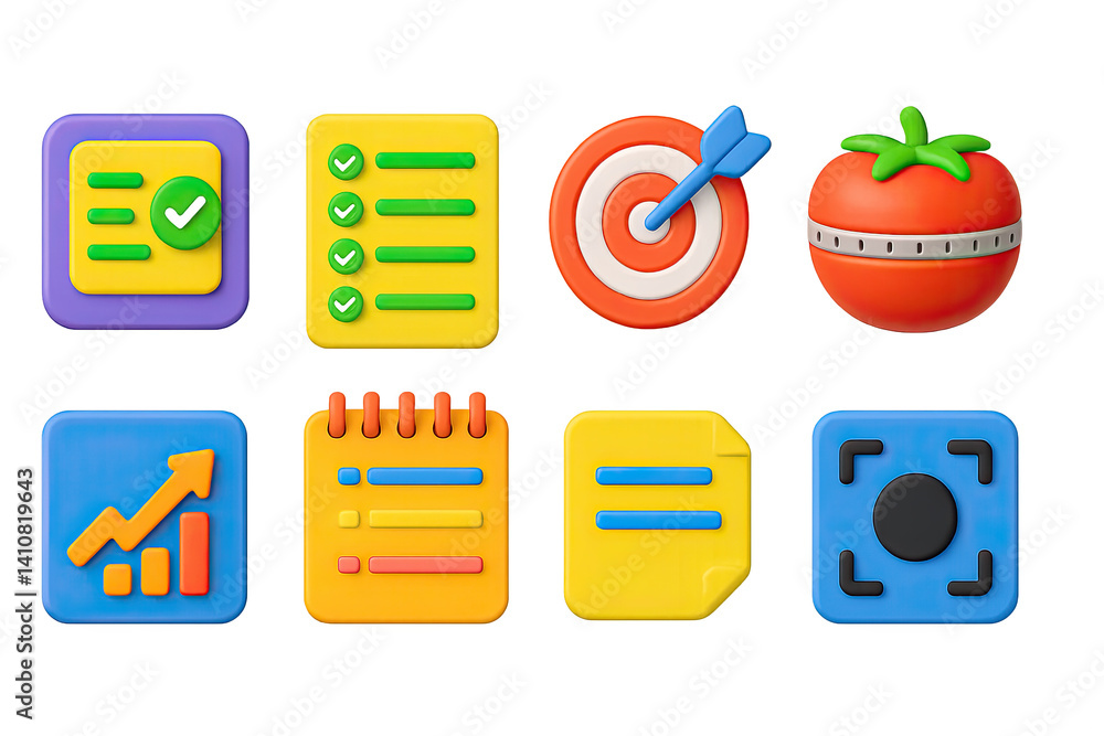 3D icon set of productivity tools: task manager, checklist, goal tracker, pomodoro timer, productivity chart, daily planner, note icon, focus mode.