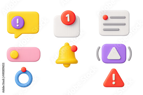 3D icon set of app notifications: push alert, badge counter, bell icon, notification panel, app banner, vibration icon, reminder ring, system alert.