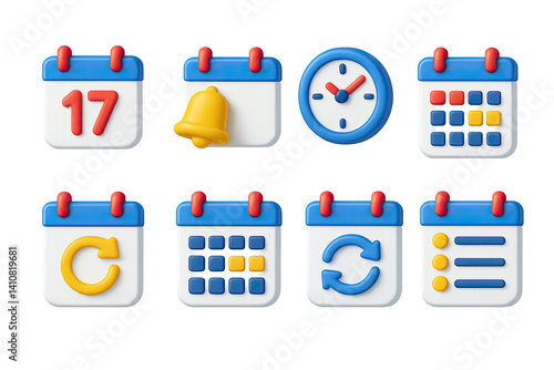Obraz na płótnie 3D icon set of mobile calendar apps: date icon, event reminder, time picker, calendar view, repeat cycle, monthly planner, sync button, agenda list. w salonie