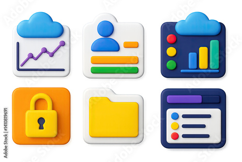 3D icon set of cloud dashboard elements: graph widget, user overview, status indicators, performance chart, access settings, file manager, usage bar, activity log.
