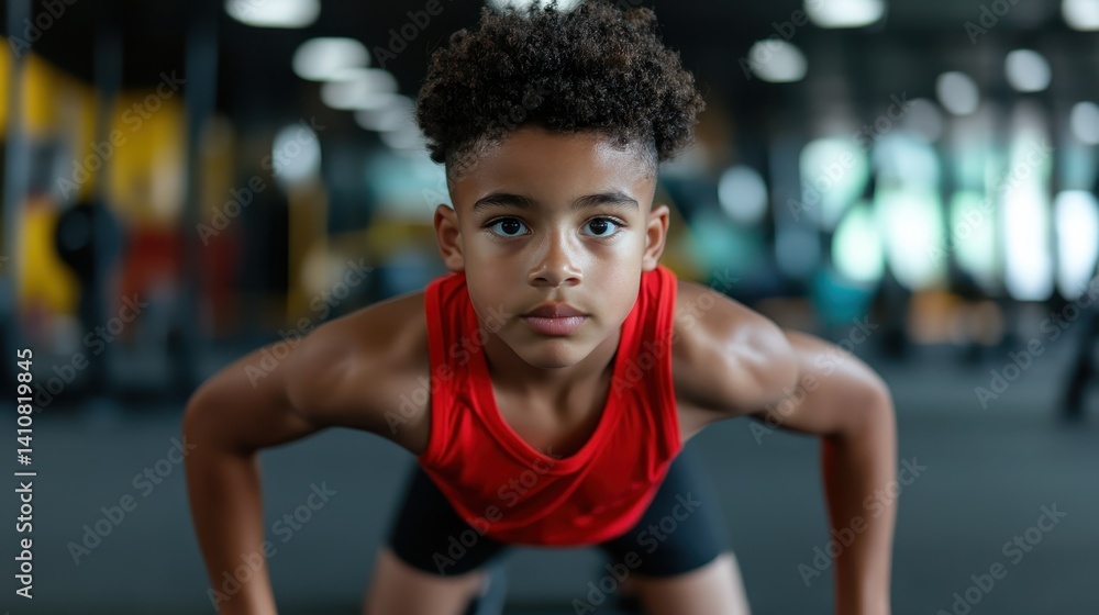 A young boy in a bright red tank top is dynamically engaged in a workout, showcasing determination and physical strength in a vibrant gym setting. A young boy in a bright red tank top is dynamically engaged in a workout, showcasing determination and physical strength in a vibrant gym setting.