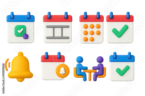 Obraz na płótnie 3D icon set of calendar tools: date picker, weekly planner, month view, holiday mark, reminder bell, event notification, meeting icon, task box. w salonie