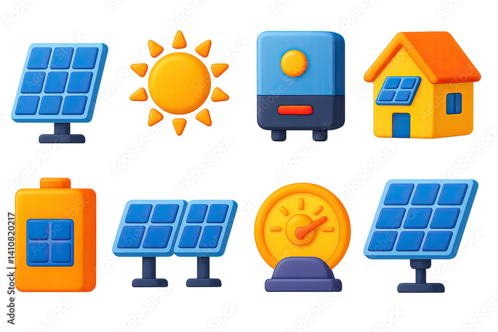 3D icon set of solar energy: solar panel, sun icon, inverter, rooftop installation, solar battery, solar farm, sunlight gauge, solar tracker.