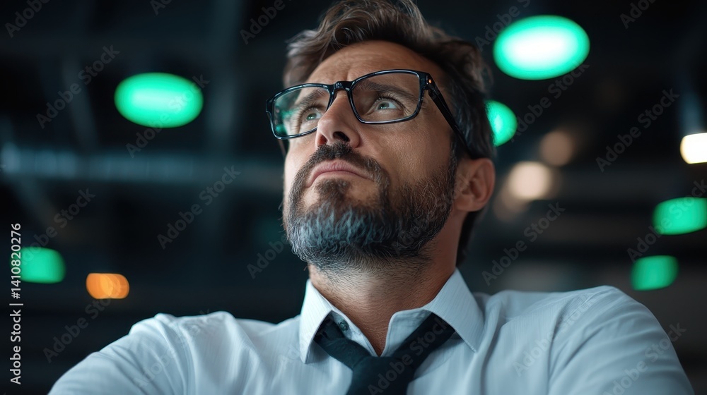 Fototapeta premium A bespectacled man with a serious expression reflects in a modern workspace setting, suggesting depth of thought and emphasis on professional challenges and ideas.