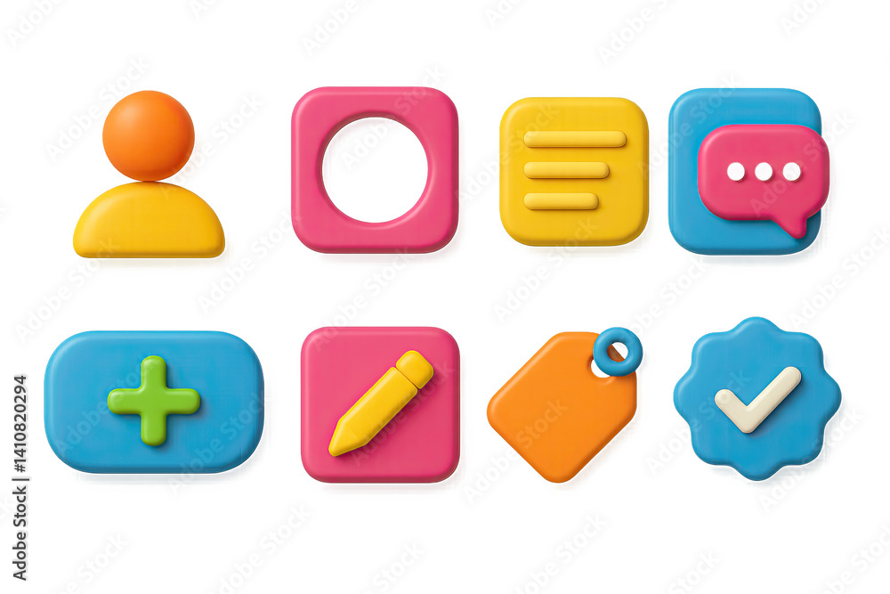 3D icon set of social media profiles: user avatar, profile picture frame, bio section, status update icon, follow button, edit profile, username tag, verified badge.