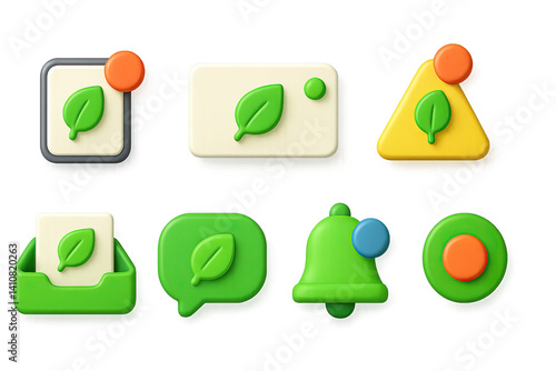 Obraz na płótnie 3D icon set of sustainability notifications: app alert, popup message, status dot, warning signal, green inbox, message icon, task bell, badge update. w salonie