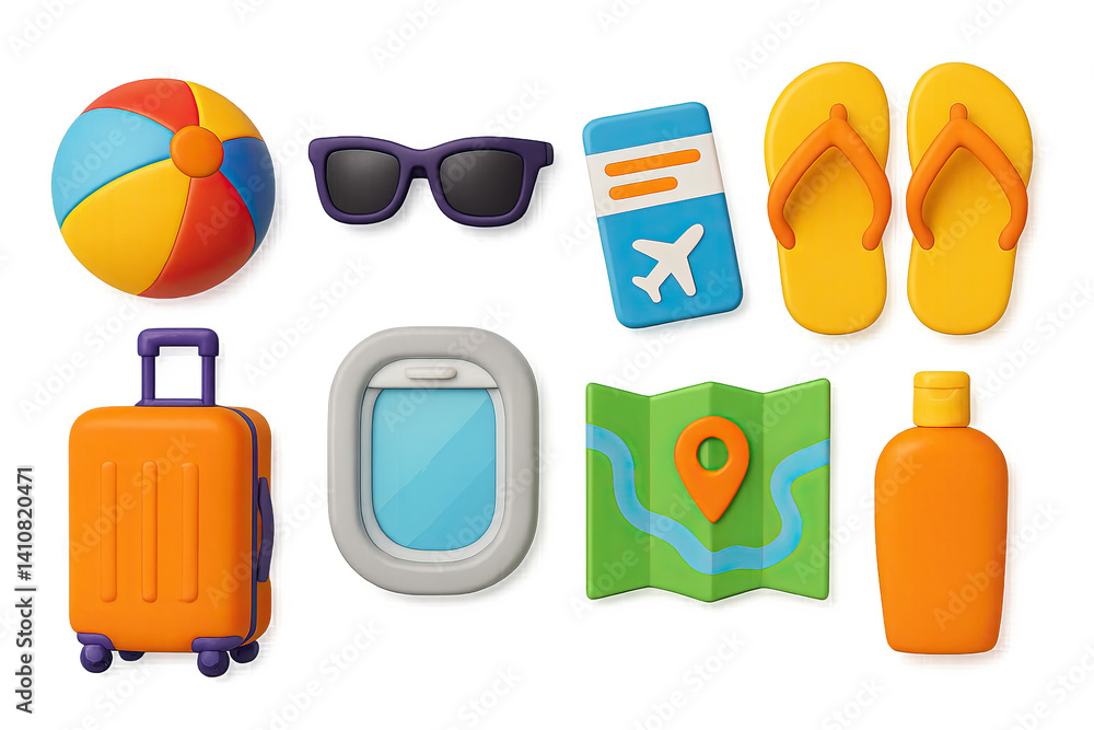 3D icon set of holiday travel: beach ball, sunglasses, boarding pass, flip flops, suitcase, plane window, map, sunscreen bottle.