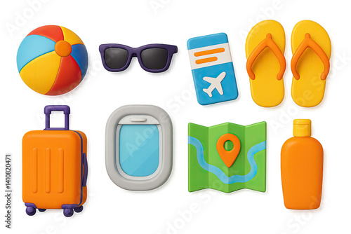 Obraz na płótnie 3D icon set of holiday travel: beach ball, sunglasses, boarding pass, flip flops, suitcase, plane window, map, sunscreen bottle. w salonie