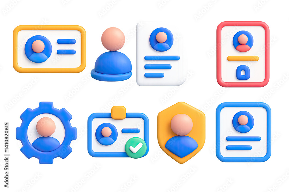 3D icon set of profile and identity: profile card, user avatar, bio sheet, login page, account gear, ID verification, profile badge, user menu.