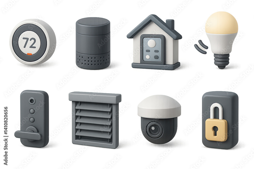 Set of smart home icons: thermostat, speaker, house, bulb, lock, blinds, camera, security.