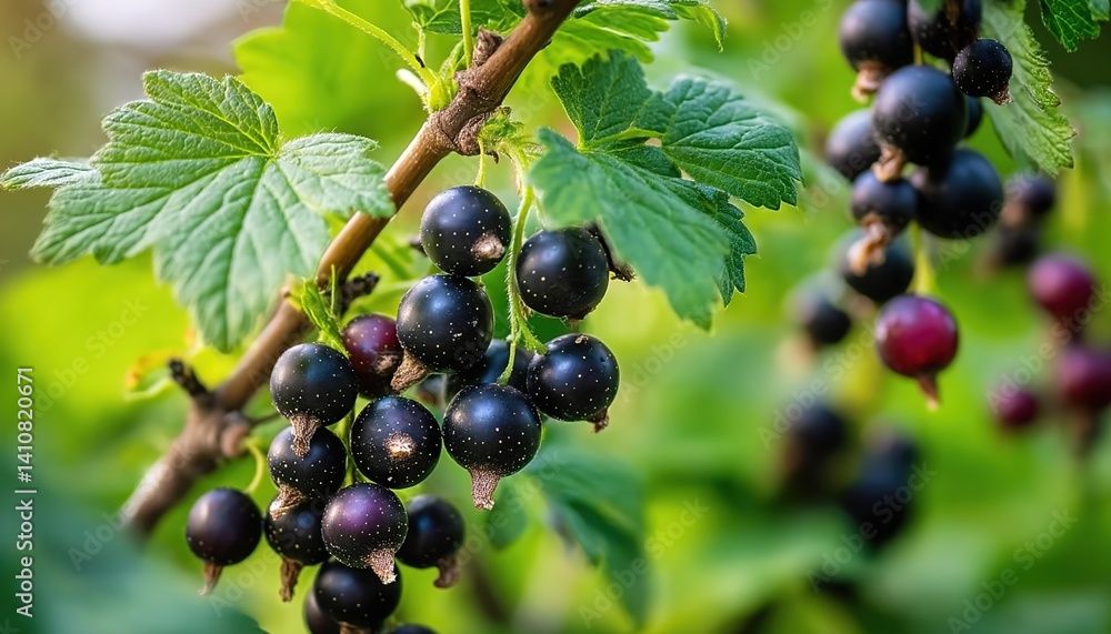 Clusters of ripe blackcurrants on a green branch. Used in agricultural ads, health food marketing, or botanical art. Clusters of ripe blackcurrants on a green branch. Used in agricultural ads, health food marketing, or botanical art.