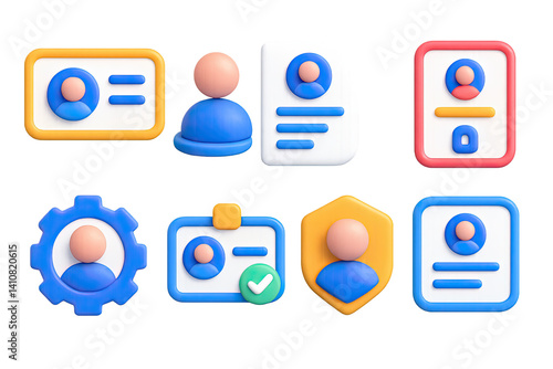 Obraz na płótnie 3D icon set of profile and identity: profile card, user avatar, bio sheet, login page, account gear, ID verification, profile badge, user menu. w salonie