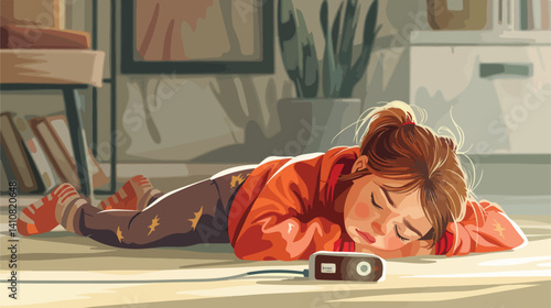 Professional Vector Illustration of Sick Little Girl Exhausted with Battery Symbol