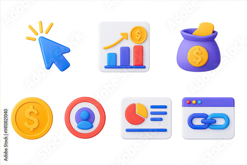 3D icon set of pay-per-click: cursor click, bidding chart, ad panel, campaign budget, dollar coin, target audience, PPC dashboard, link tracker.