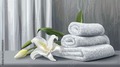 Professional Vector Illustration of Soft Towels and Flower on Grey Table Closeup