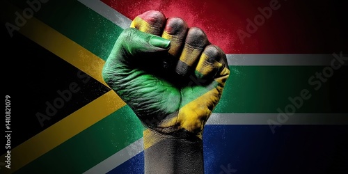 A fist painted in South African flag colors against the national flag. Ideal for cultural campaigns, unity movements, or historical commemorations