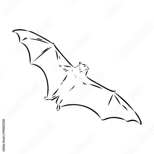 Flying fox bat handing on a branch with leaves. Sketch. Engraving style. Vector illustration.