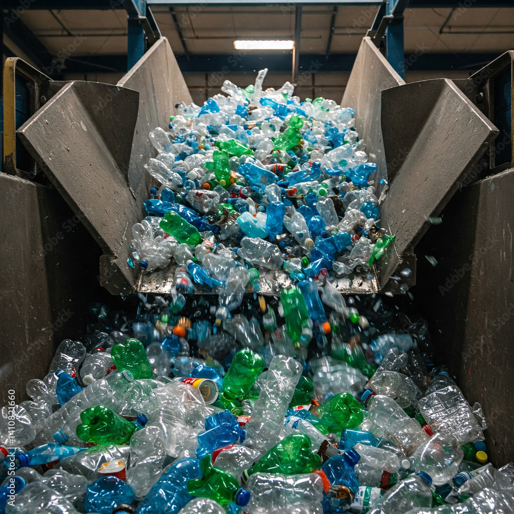 Many used plastic bottles on a conveyor belt for processing and recycling