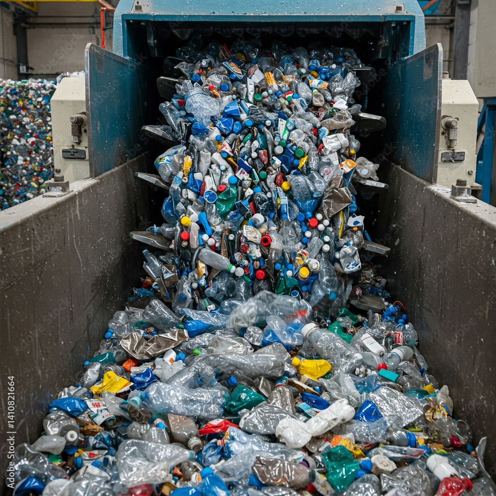Many used plastic bottles on a conveyor belt for processing and recycling
