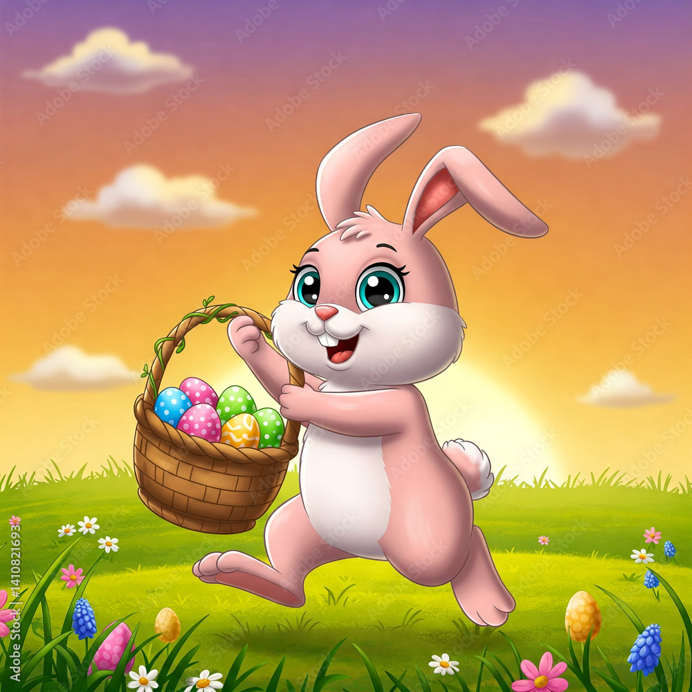 A bunny carrying a basket of colorful Easter eggs, cartoon, decorative Easter image