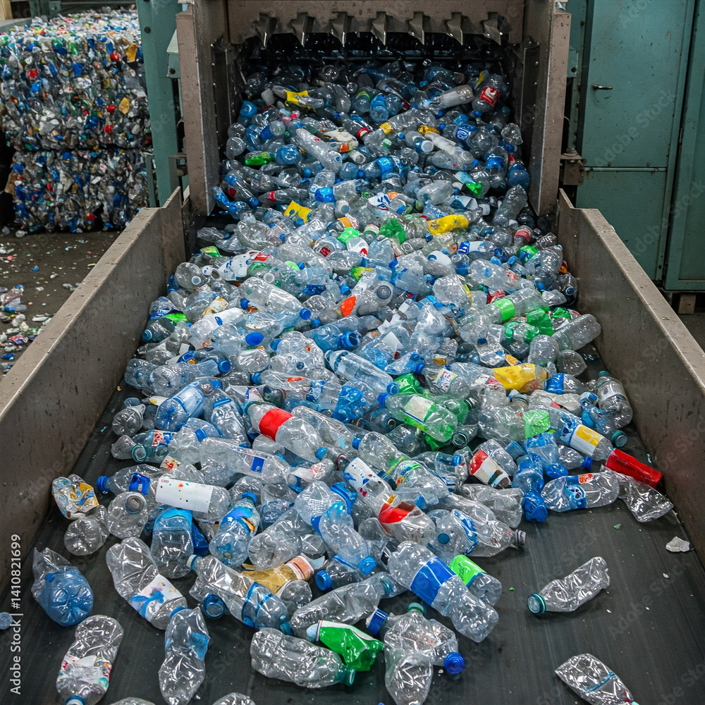 Many used plastic bottles on a conveyor belt for processing and recycling