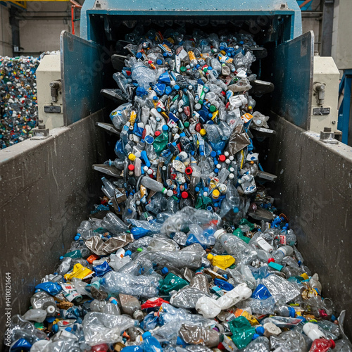 Obraz na płótnie Many used plastic bottles on a conveyor belt for processing and recycling w salonie