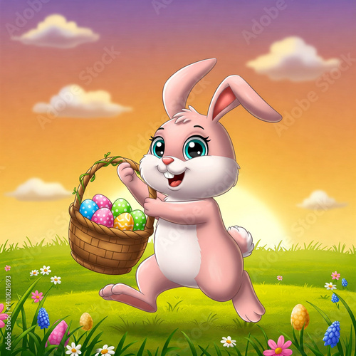 Obraz na płótnie A bunny carrying a basket of colorful Easter eggs, cartoon, decorative Easter image w salonie