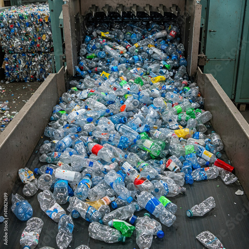 Many used plastic bottles on a conveyor belt for processing and recycling
