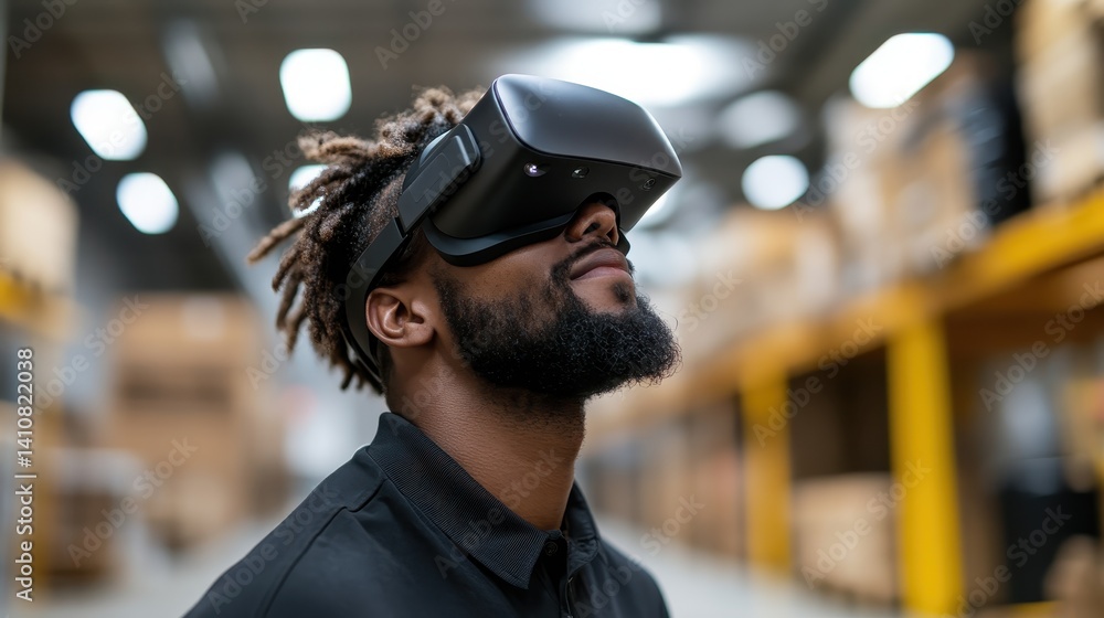 A focused man wearing a VR headset in an industrial warehouse, emphasizing the blend of cutting-edge technology with practical work environments. A focused man wearing a VR headset in an industrial warehouse, emphasizing the blend of cutting-edge technology with practical work environments.