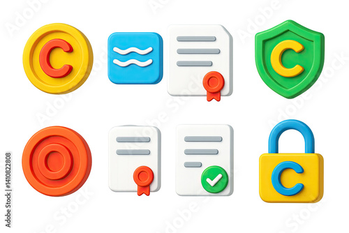 3D icon set of content copyright: copyright badge, watermark icon, license paper, shield with C, original stamp, legal doc, permission form, copyright lock.