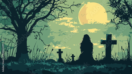 Emotional Woman Crying in front of a Grave Vector Illustration