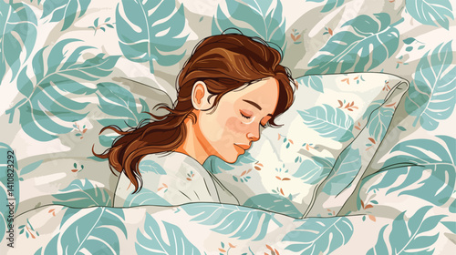 Professional Vector Illustration of a Young Girl Sleeping with Pillow and Blanket