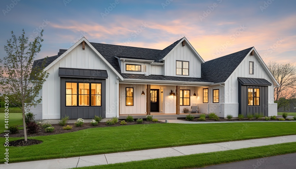 A modern two-story house at dusk with contrasting colors and landscaped garden. Perfect for real estate listings, architectural journals, or suburban lifestyle blogs A modern two-story house at dusk with contrasting colors and landscaped garden. Perfect for real estate listings, architectural journals, or suburban lifestyle blogs
