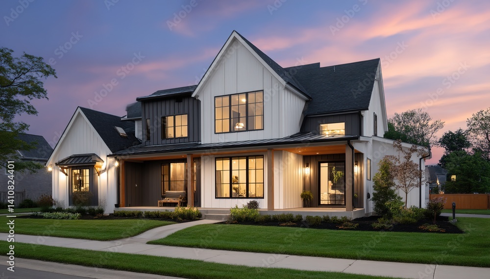A modern two-story house at dusk with contrasting colors and landscaped garden. Perfect for real estate listings, architectural journals, or suburban lifestyle blogs A modern two-story house at dusk with contrasting colors and landscaped garden. Perfect for real estate listings, architectural journals, or suburban lifestyle blogs