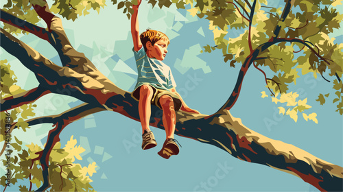 Boy Hanging on a Tree Branch Vector Illustration: Active and Playful Childhood Adventure in Nature