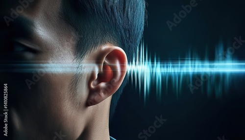 A human ear with blue soundwave visualization. Used in audiology studies, hearing aid ads, or music tech interfaces.