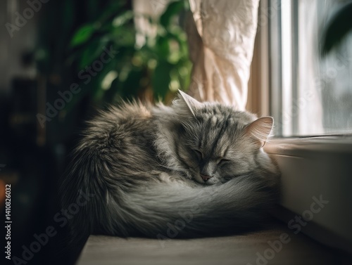 Fluffy gray cat curled up s...