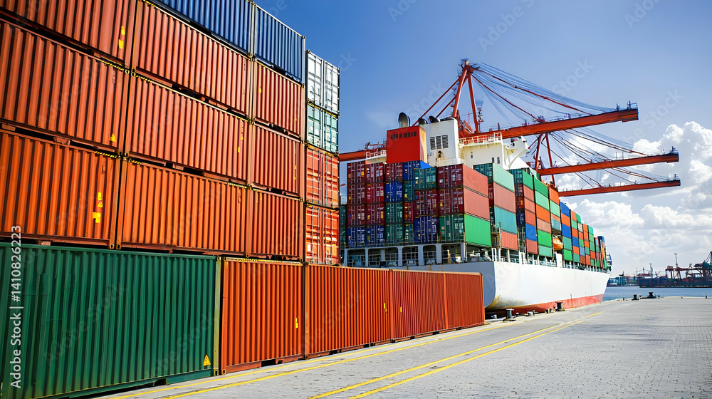 Fototapeta premium Colorful Shipping Containers And Cargo Ship At Port