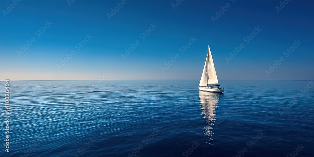 Obraz premium A sailboat on serene blue waters under clear skies. Used for nautical tourism ads, marine conservation content, or adventure literature.