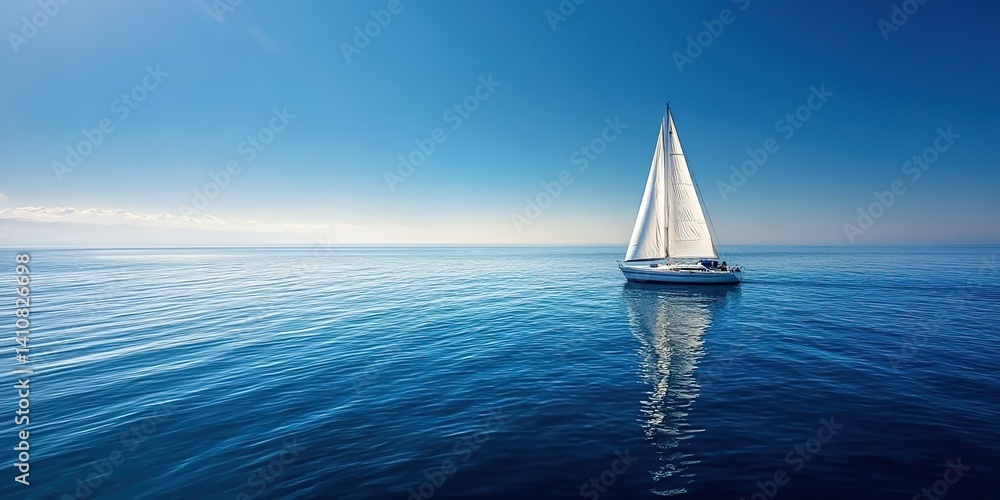 Obraz premium A sailboat on serene blue waters under clear skies. Used for nautical tourism ads, marine conservation content, or adventure literature.