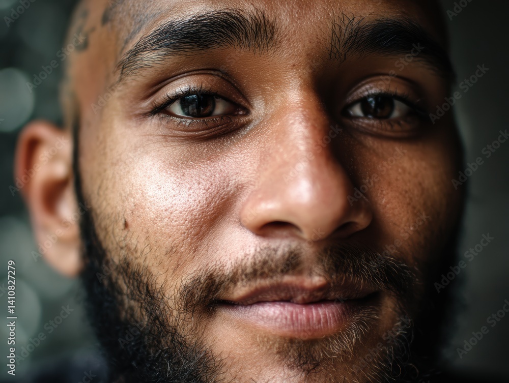Obraz premium Close-up of a person's face with detailed focus on eyes and textured skin. The subject has a beard, visible ear, and natural expression. The background contains bokeh lights