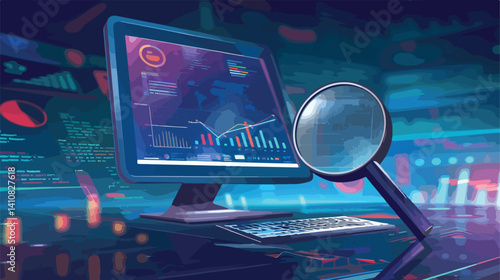 Professional Computer Monitor Magnifying Glass Data Analysis Image for Technology and Research Purposes