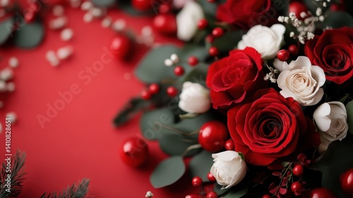 Fototapeta Naklejka Na Ścianę i Meble -  An exquisite arrangement of red and white roses accented by lush greenery and festive berries, creating a beautiful and romantic visual perfect for celebrations and floral decorations.