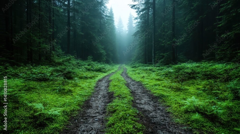 Obraz premium This photo presents a beautiful foggy forest trail surrounded by vibrant green vegetation, creating a sense of peace and inviting exploration into nature's embrace.