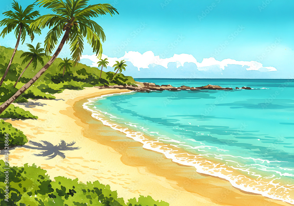 Naklejka premium Animated Tropical Beach Scene Palm Trees, Turquoise Ocean, Sandy Shoreline Illustration.