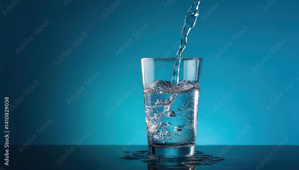 Water being poured into a glass against blue backdrop. Suitable for hydration campaigns, minimalist photography, or wellness blogs. Water being poured into a glass against blue backdrop. Suitable for hydration campaigns, minimalist photography, or wellness blogs.