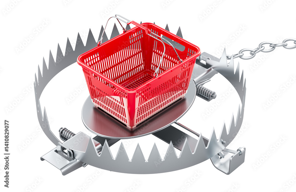 Bear trap with shopping basket, 3D rendering isolated on transparent background