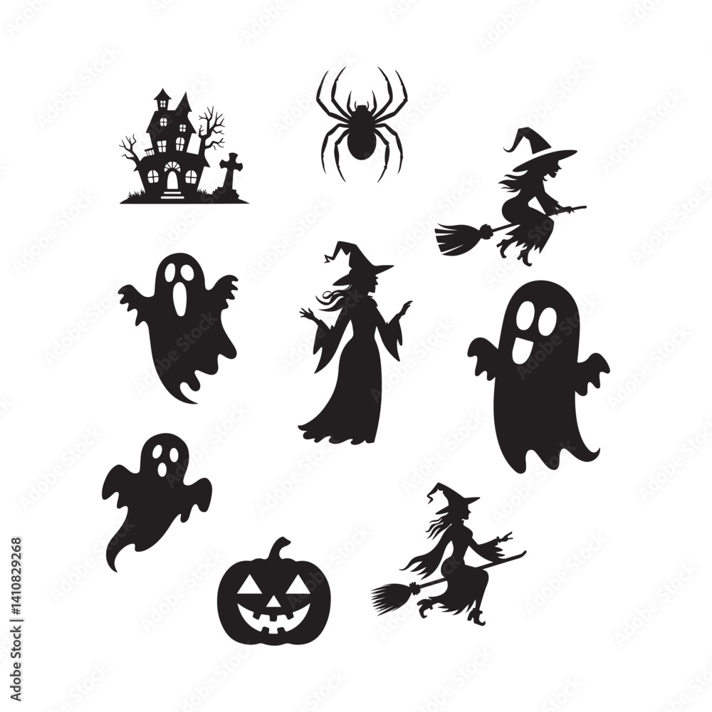Fototapeta premium Spooky Halloween Silhouette Design Collection.This image features a collection of Halloween-themed silhouettes, including a haunted house, spiders, witches on brooms, ghosts, and a pumpkin.