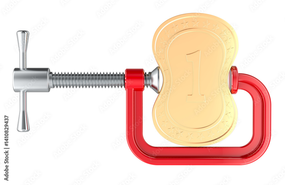 Golden coin with squeezing C clamp. Financial crisis or recession concept. 3D rendering isolated on transparent background